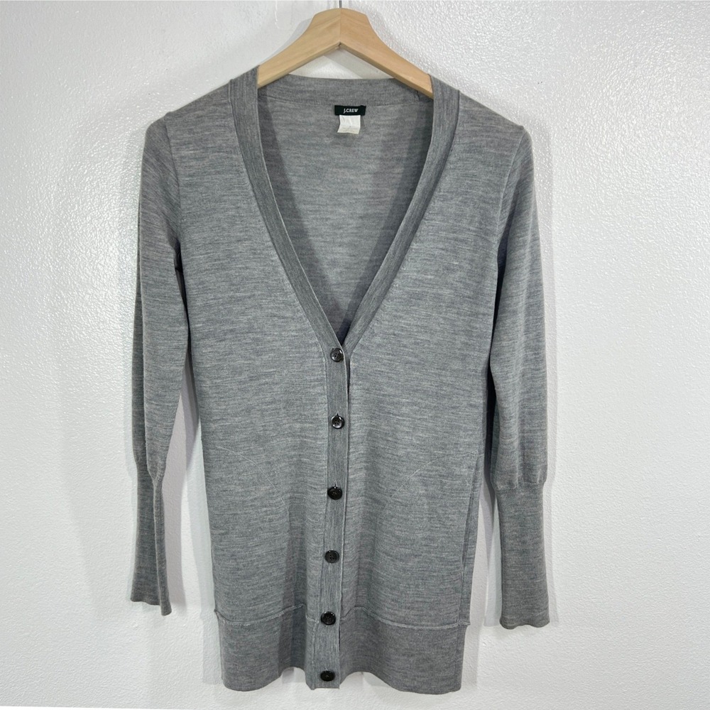 J.Crew 100% Merino Wool V-Neck Long Cardigan Sweater Women Small Gray Pocket